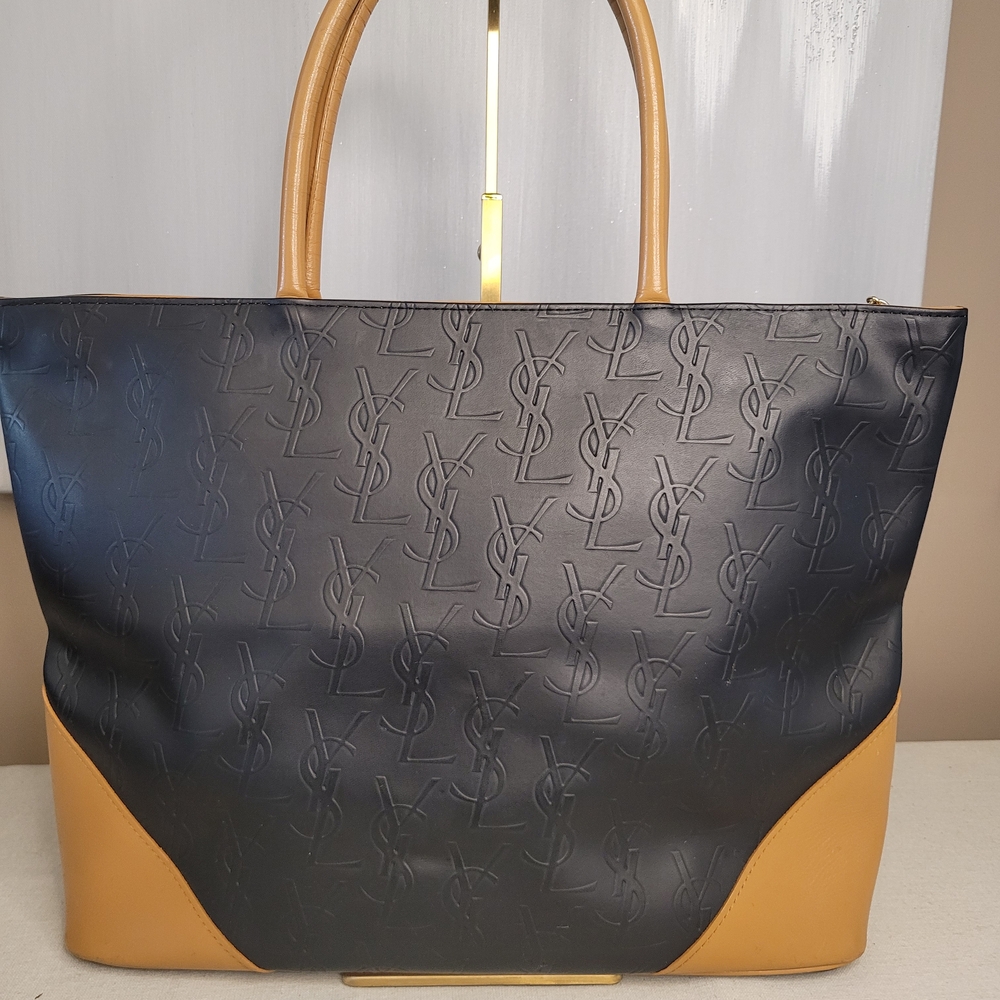 Yves Saint Laurent Cassandra YSL Monogram Tote Bag In Black and Tan - Picture 4 of 16